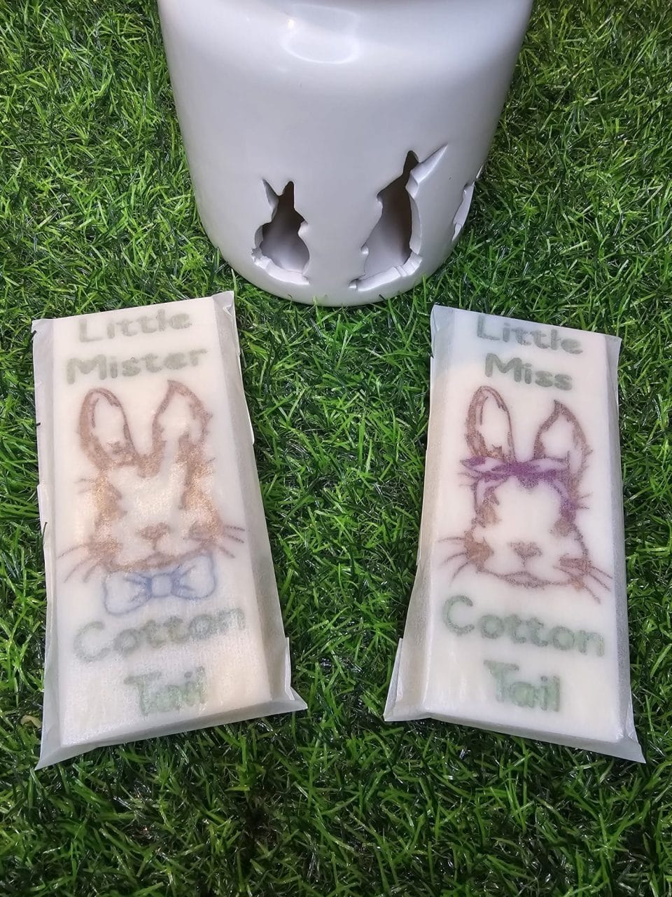 Handpainted Easter, spring wax melt bars. Little mister or Mrs cotton tail designs with the fragrance carrot cake